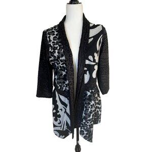 FRANK LYMAN Open Cardigan Size 14 Animal Abstract Print Black Gray 3/4 Sleeve